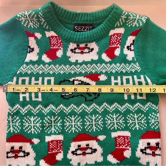 Sezzit Green Santa Stocking Dinosaur Graphic Print Christmas Holiday Sweater - Picture 7 of 8